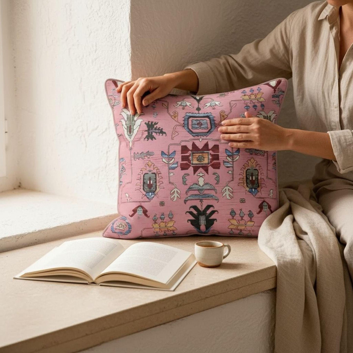 Anatolian Inspired pillow cover with rug-style pattern styled on a sofa or bed