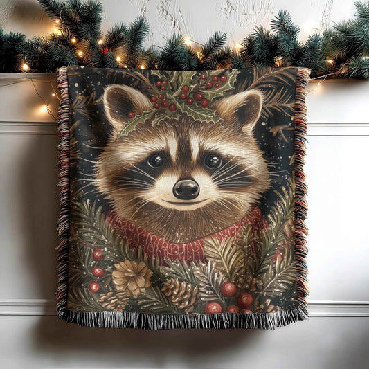 Xmas Racoon Tapestry - Cozy Woven Blanket | Woodland Animal Decor | Christmas Home Accent - timelessbohochic.com