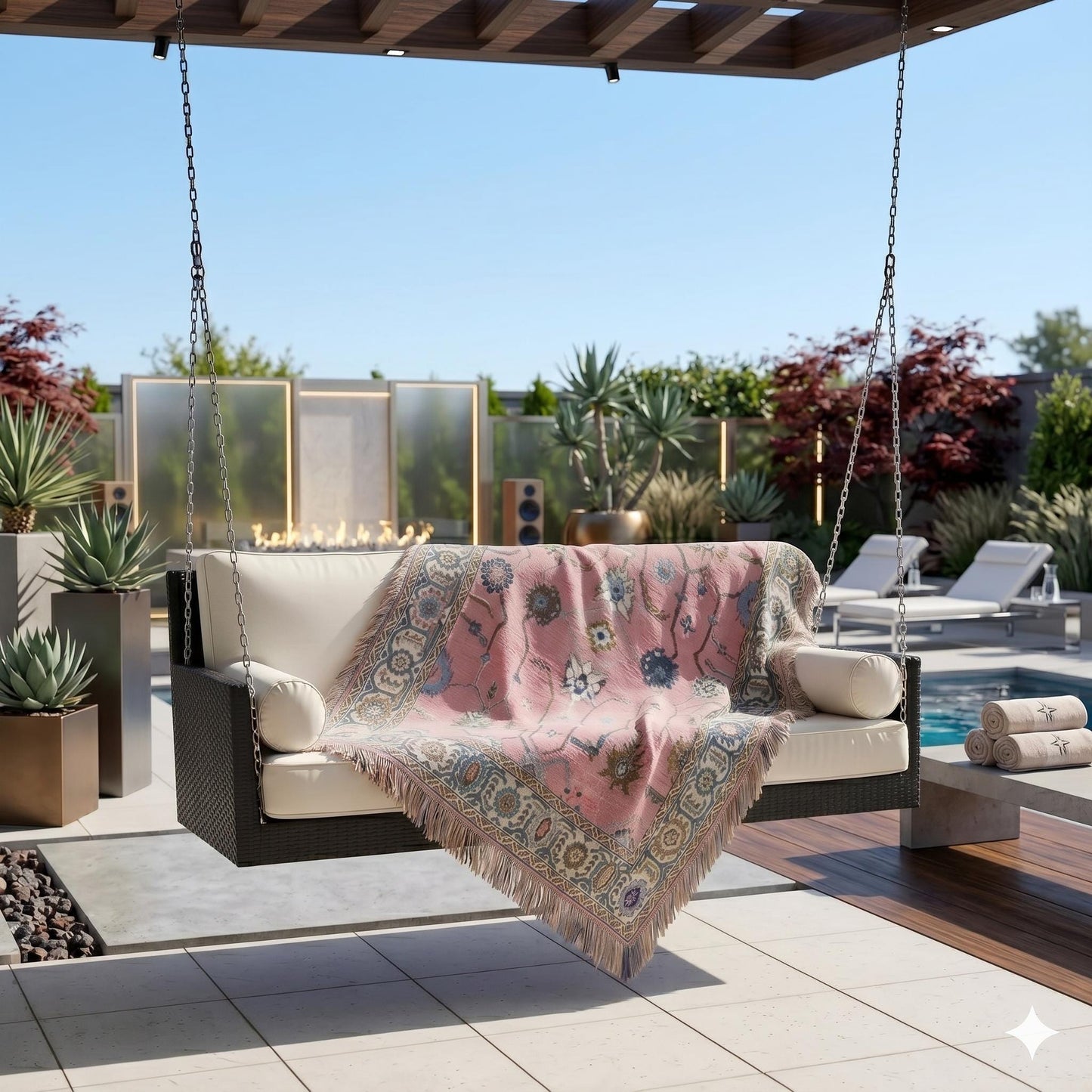 Anatolian Inspired outdoor woven throw blanket with rug-style pattern for patio styling
