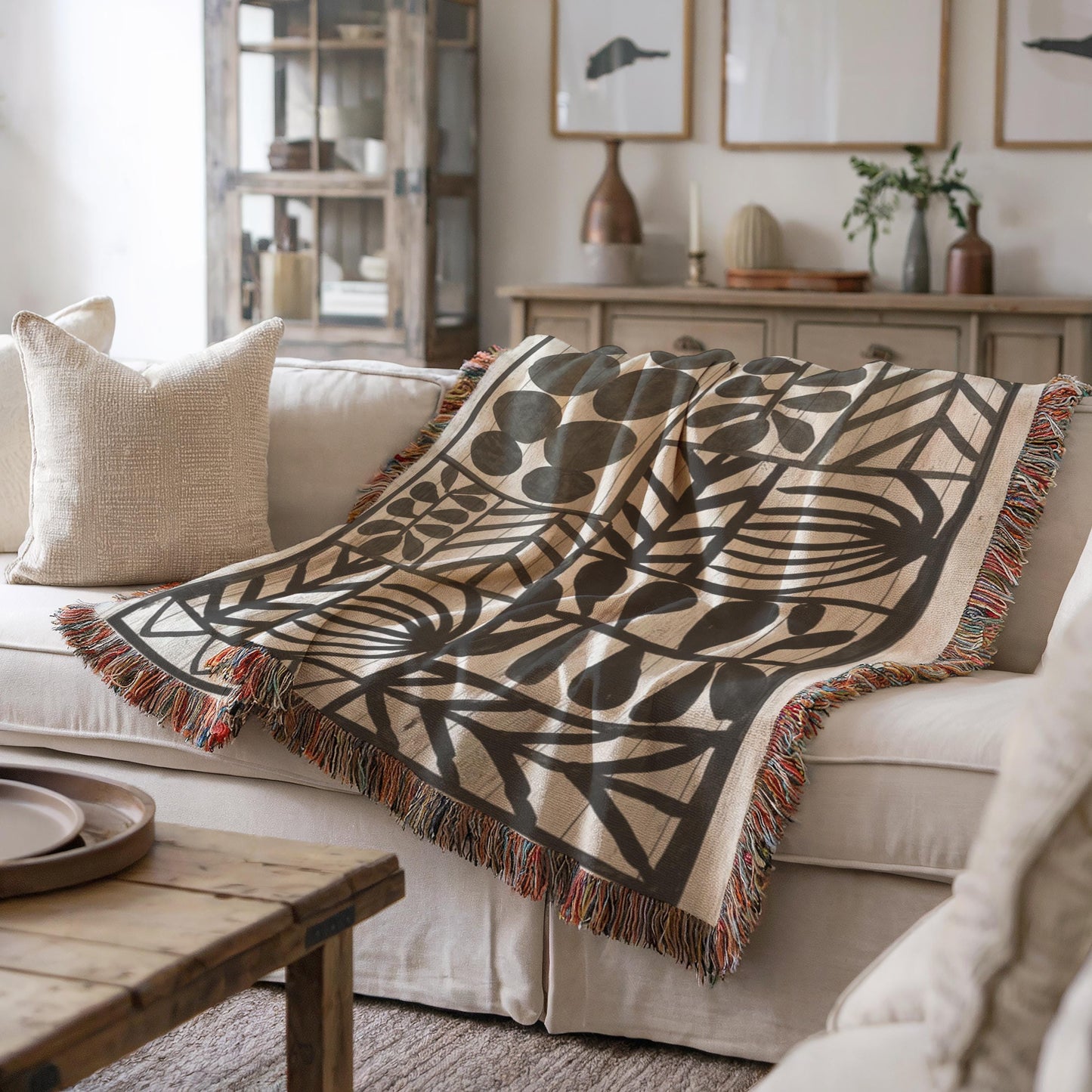 Modern Geometric woven blanket with geometric pattern styled for layered home decor