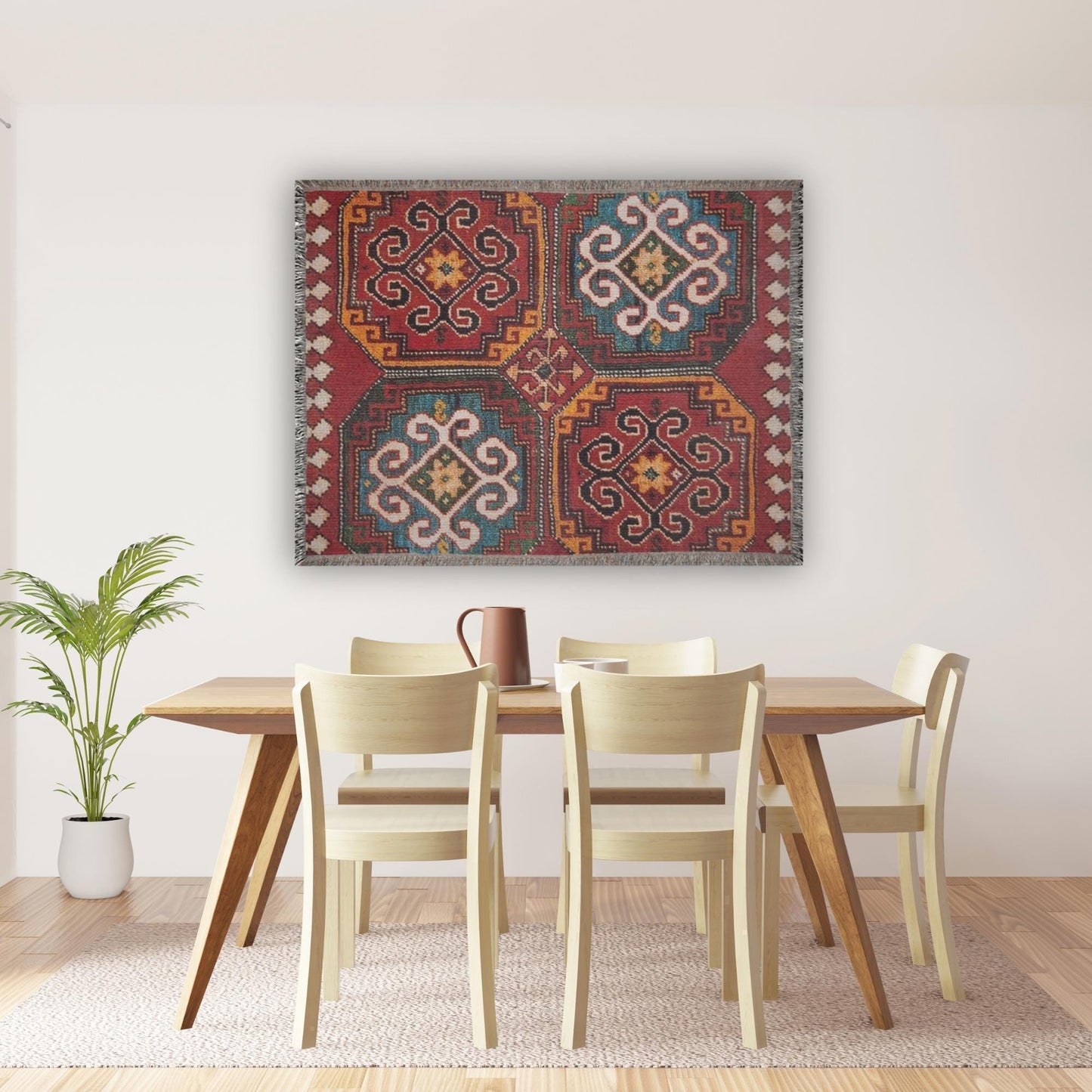 Moroccan Inspired woven blanket with woven pattern styled for layered home decor