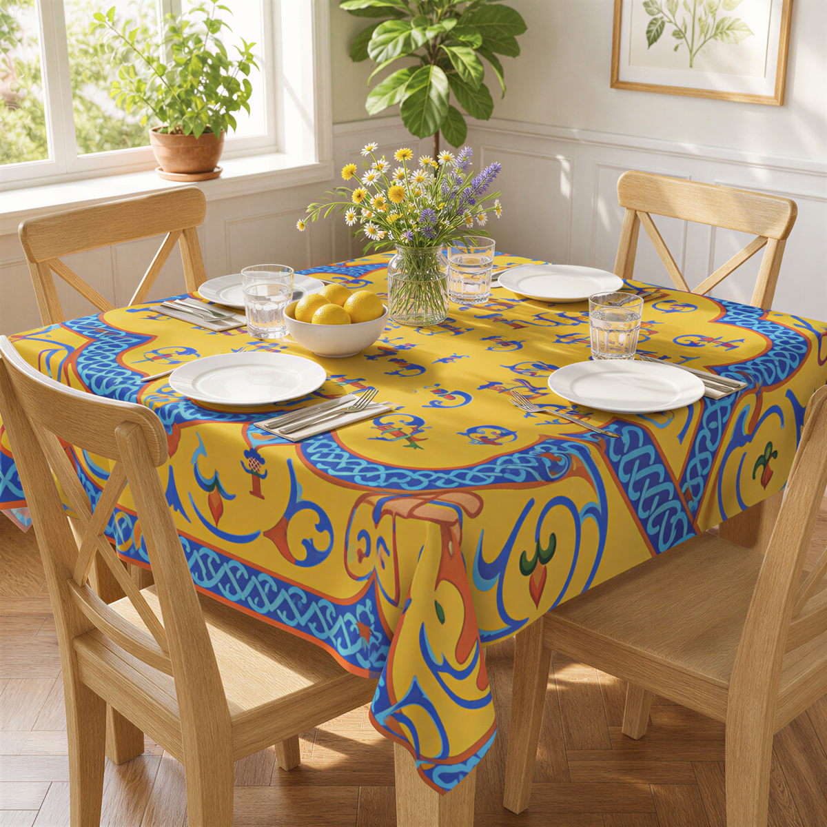 Armenian alphabet square tablecloth in yellow and blue on a table with wooden chairs and plates