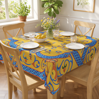 Armenian alphabet square tablecloth in yellow and blue on a table with wooden chairs and plates