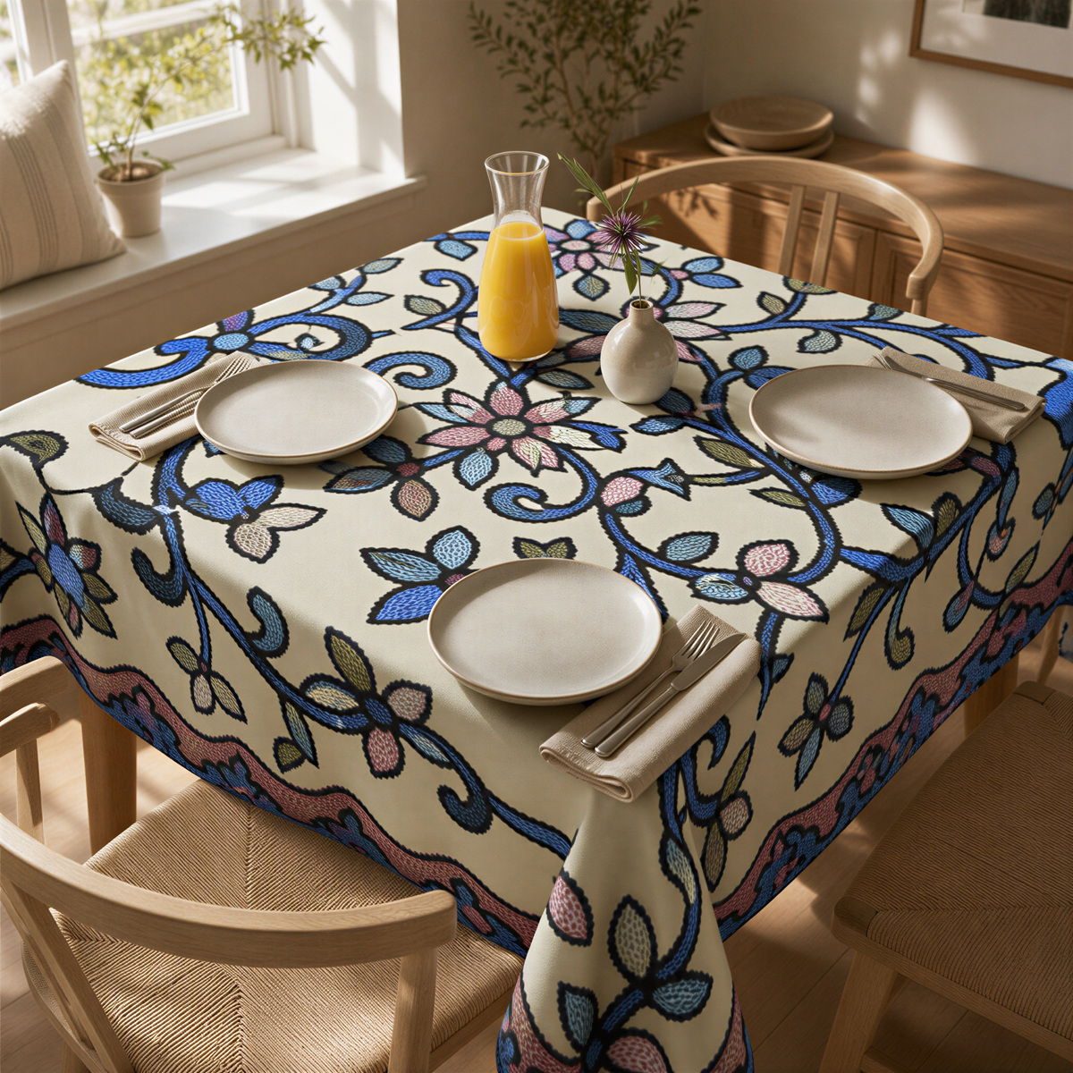Armenian floral tablecloth on a table with wooden chairs, plates and a jug of juice