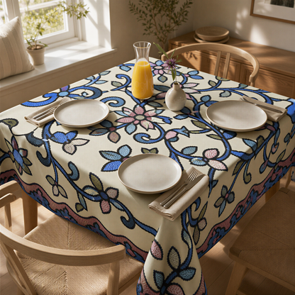 Armenian floral tablecloth on a table with wooden chairs, plates and a jug of juice