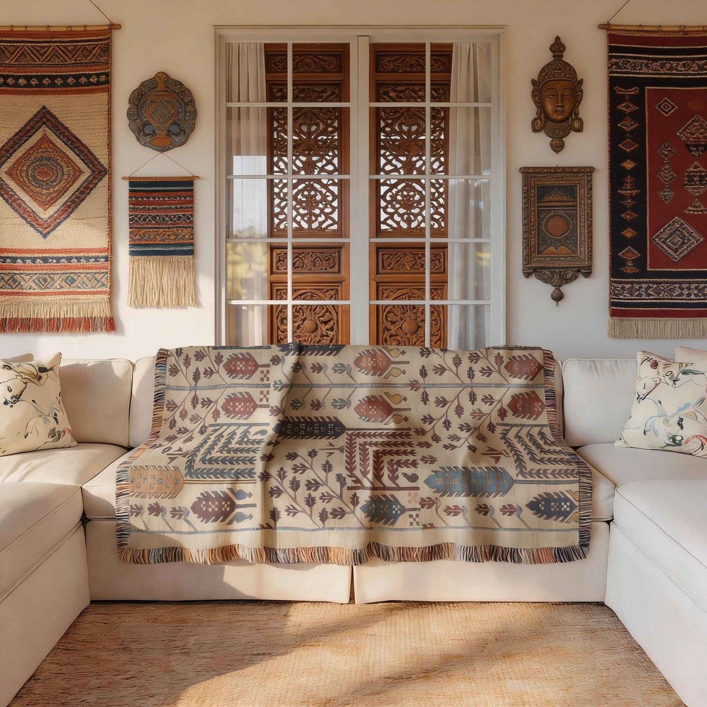 Caucasian Rug Inspired woven blanket with geometric pattern styled for layered home decor