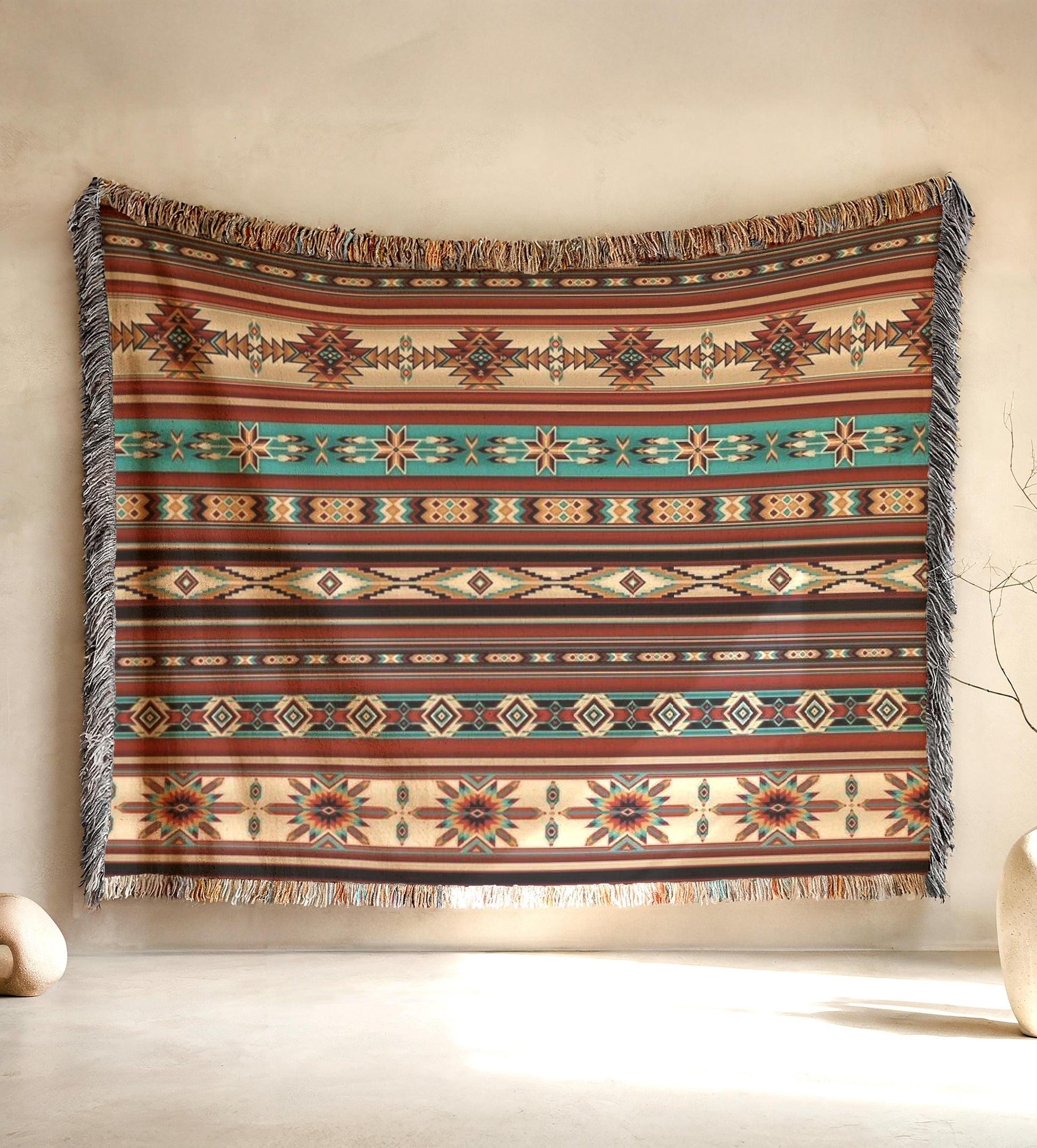 Navajo Pattern Tapestry - Southwestern Woven Wall Hanging with Colorful Fringes