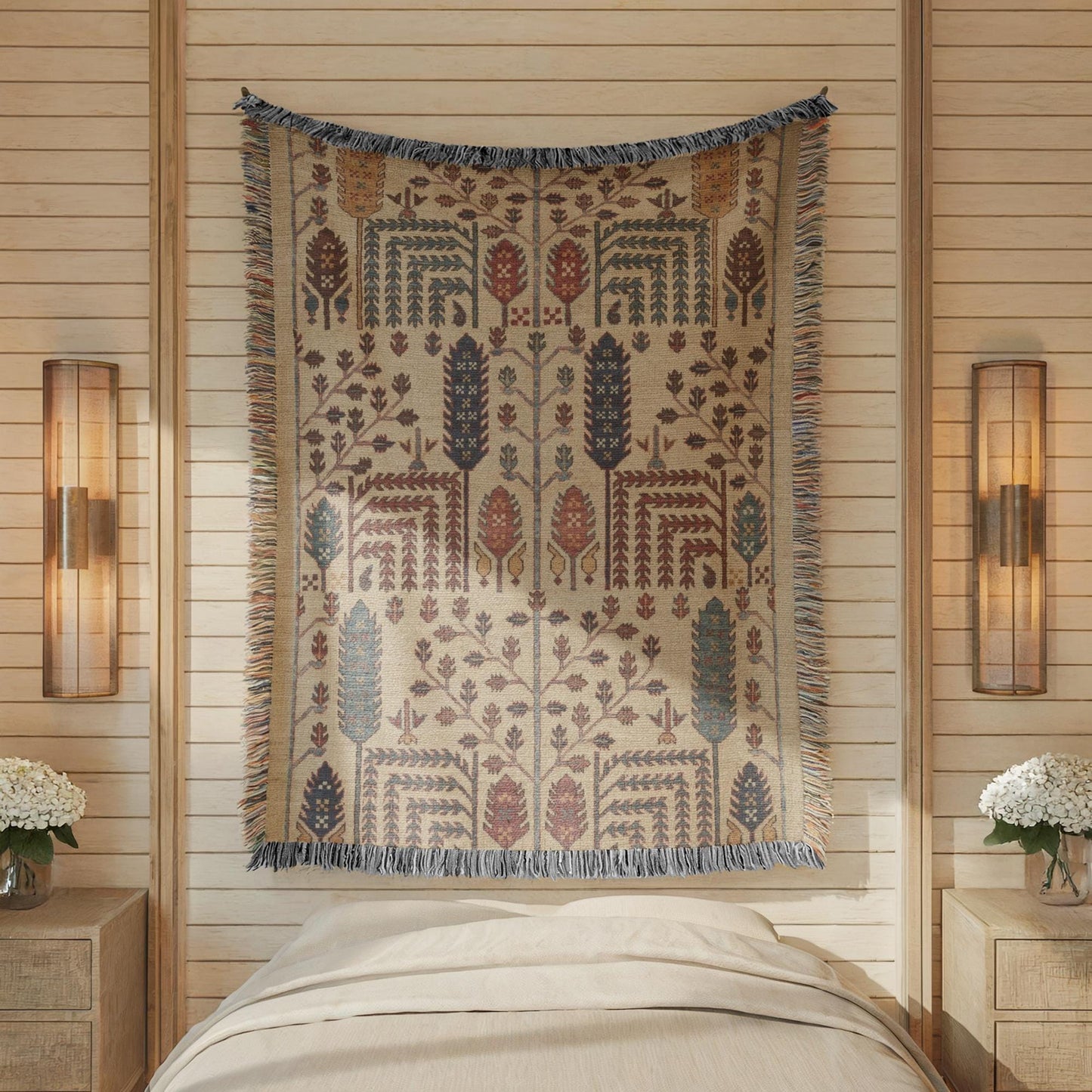 Caucasian Rug Inspired woven wall tapestry with geometric pattern styled as textile wall decor