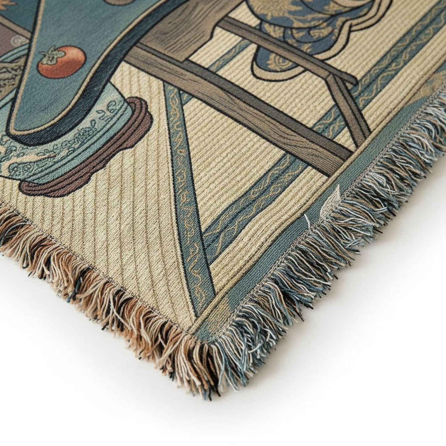 Boho woven blanket with woven pattern styled for layered home decor