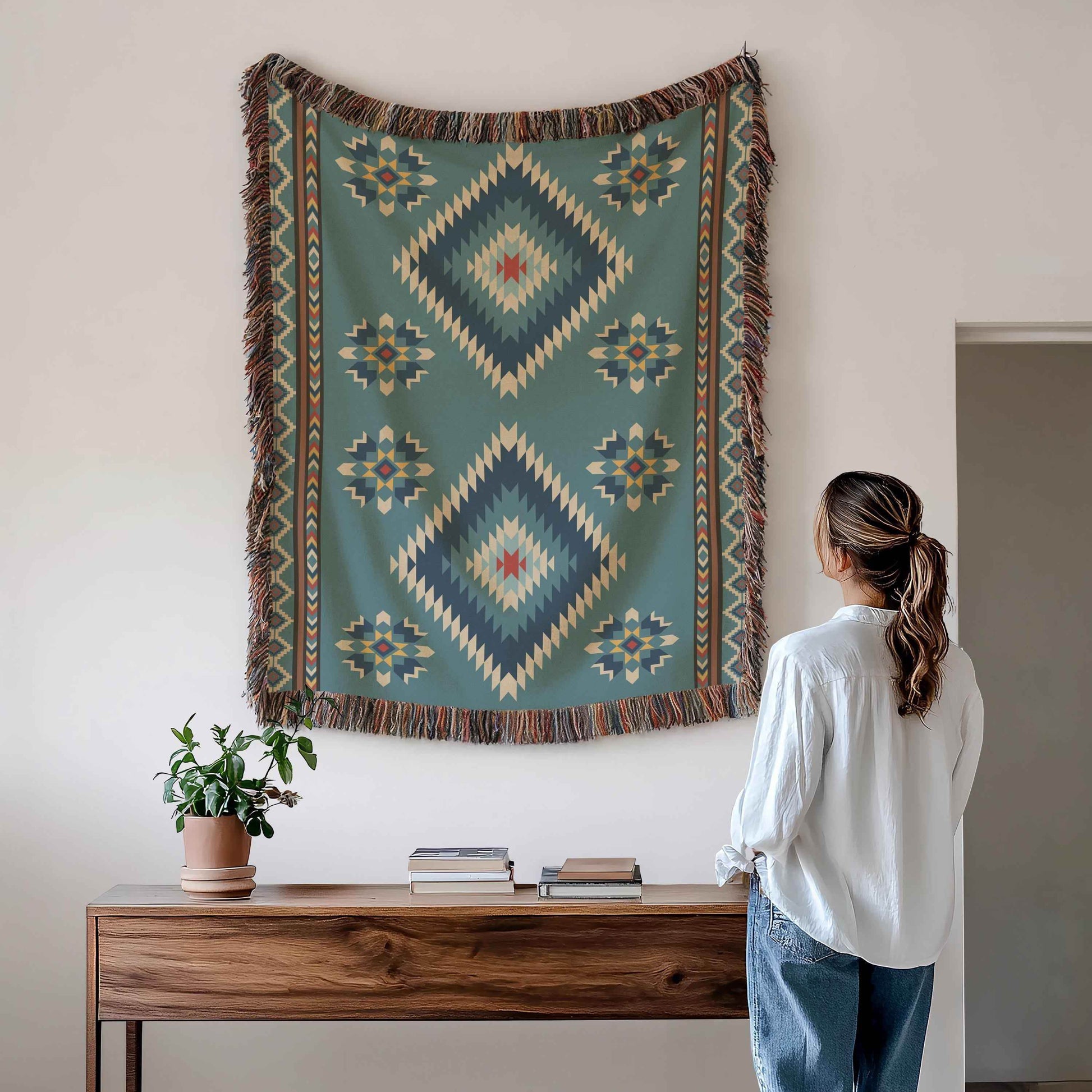 Navajo Wall Tapestry - Rustic Cotton Boho Patio Blanket with Colorful Fringed Edges - timelessbohochic.com