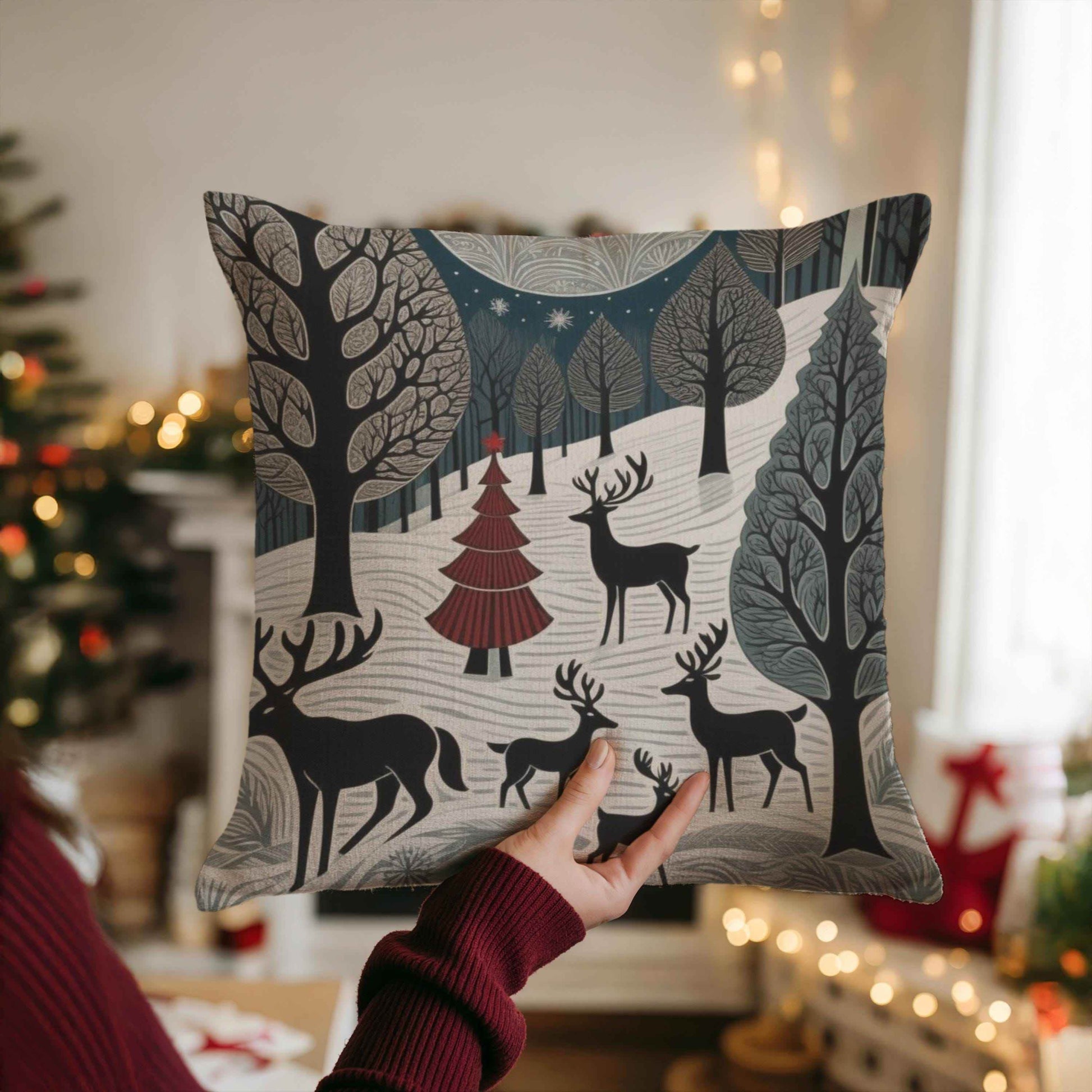 Winter Deer Pillow - Woven Decorative Cushion With Deer Herd Design, Cozy Cabin Accent - timelessbohochic.com