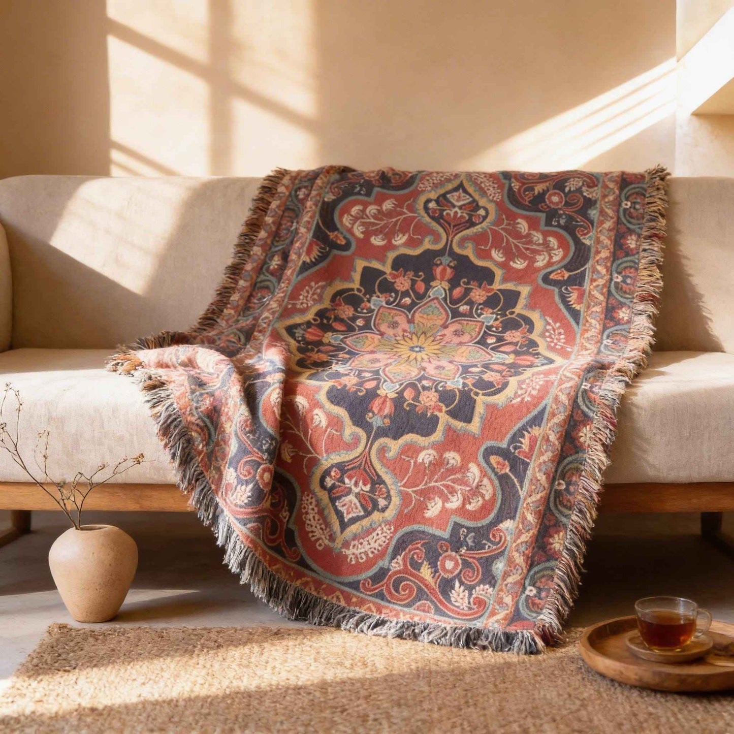 Anatolian Inspired outdoor woven throw blanket with rug-style pattern for patio styling
