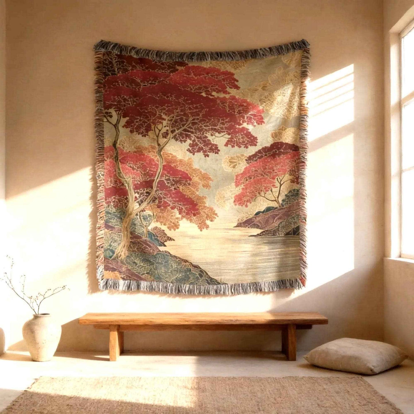 Scandinavian Inspired woven wall tapestry with rug-style pattern styled as textile wall decor