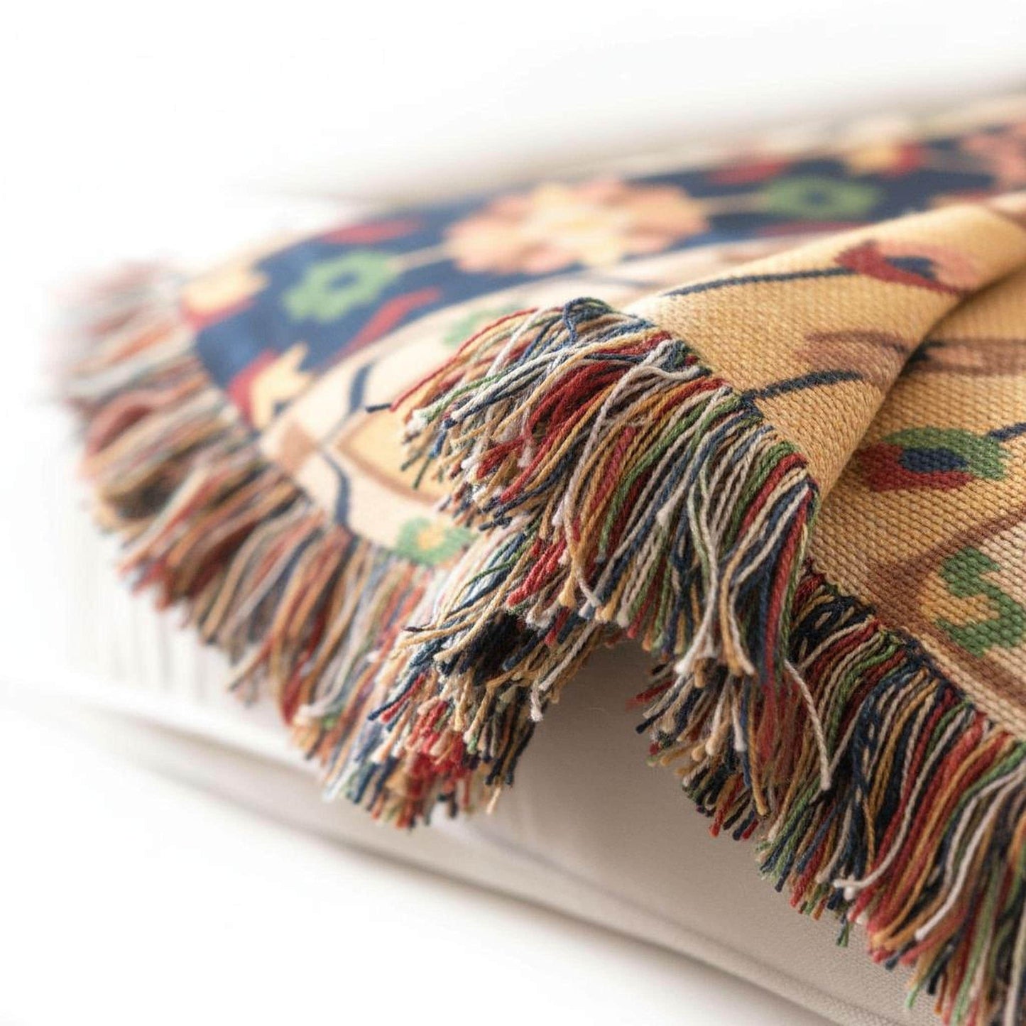 Anatolian Inspired outdoor woven throw blanket with floral pattern for patio styling