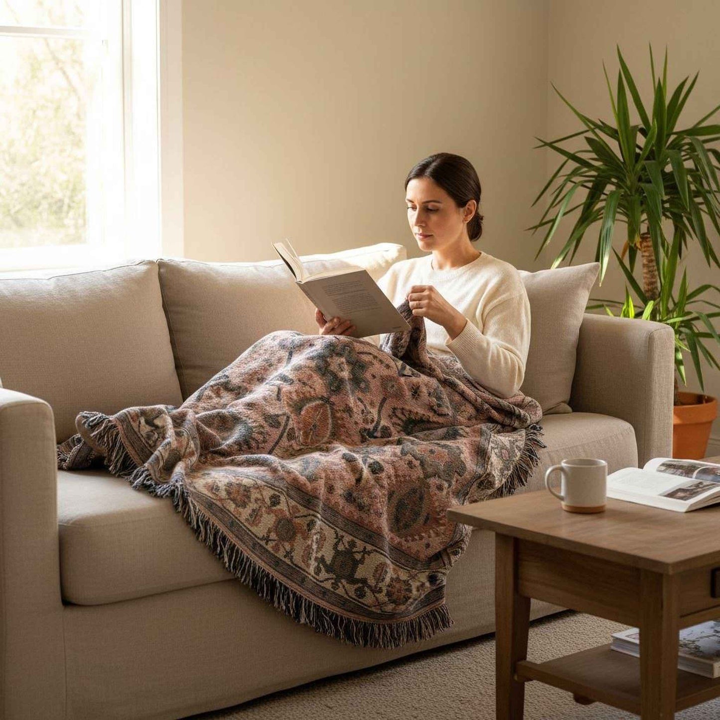 Caucasian Rug Inspired woven wall tapestry with geometric pattern styled as textile wall decor