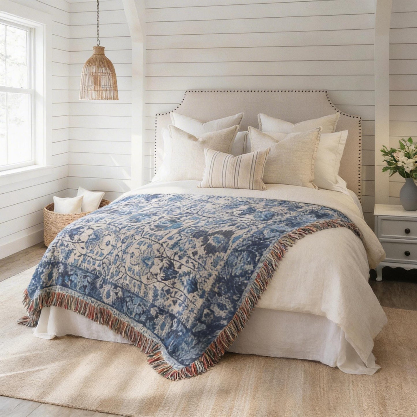 Caucasian Rug Inspired woven blanket with geometric pattern styled for layered home decor