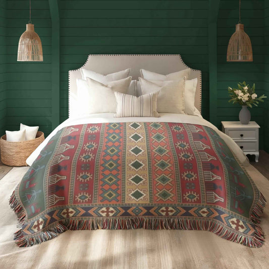 Anatolian Inspired woven blanket with rug-style pattern styled for layered home decor