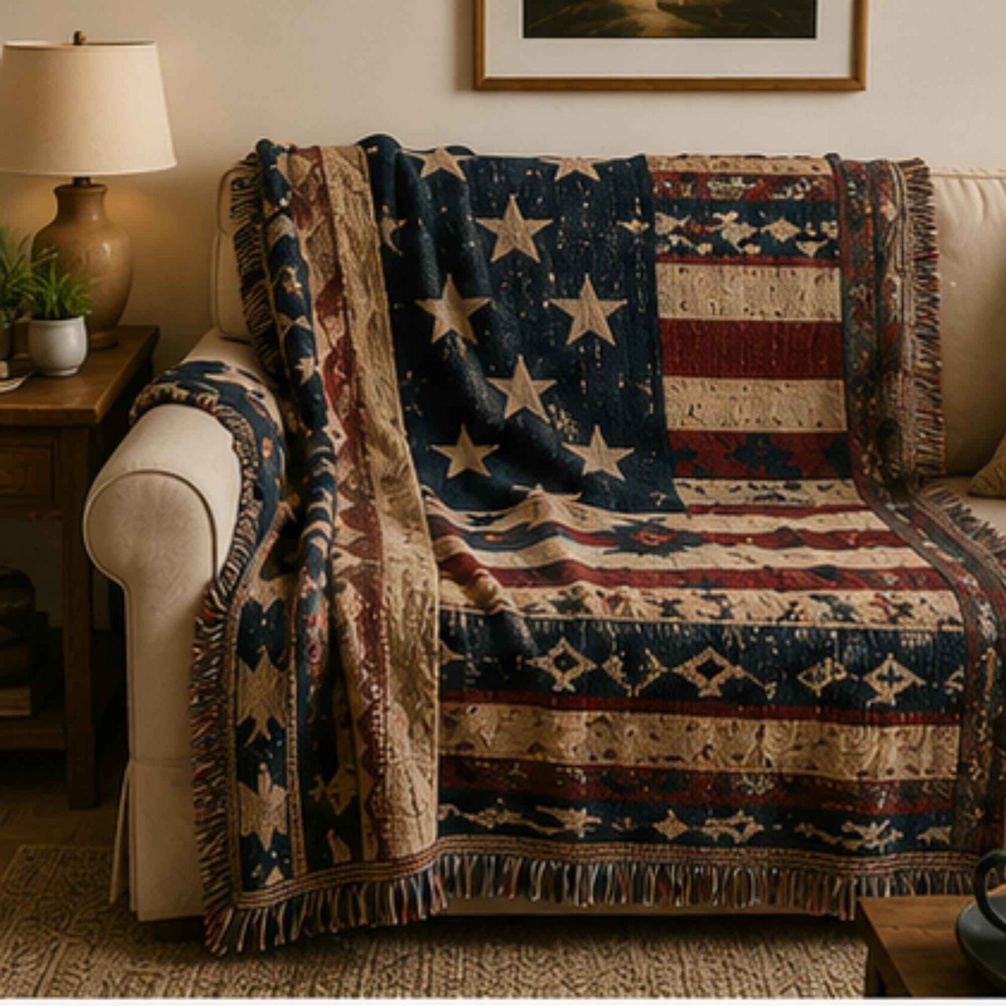 Southwestern outdoor woven throw blanket with geometric pattern for patio styling