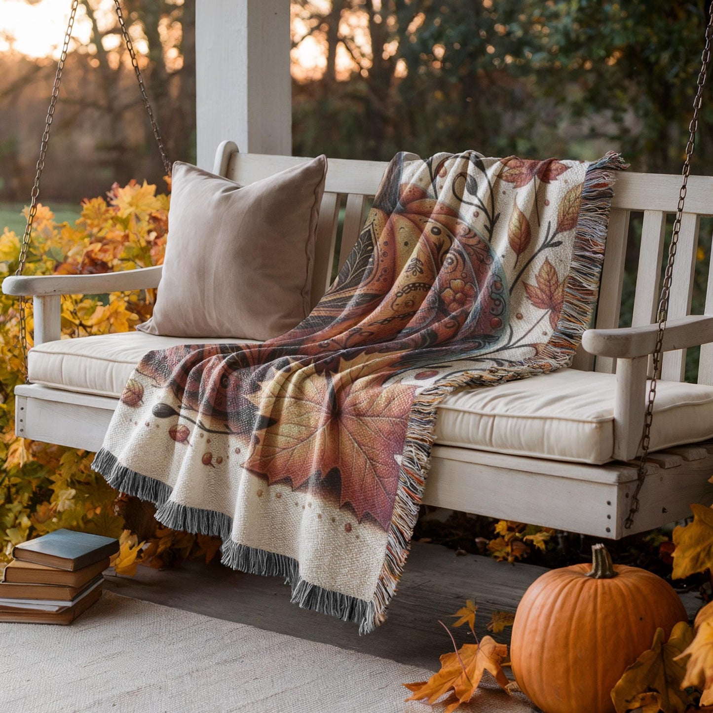Thanksgiving Pumpkin Blanket - Woven Throw With Tattooed Pumpkin Design, Cozy Fall Decor