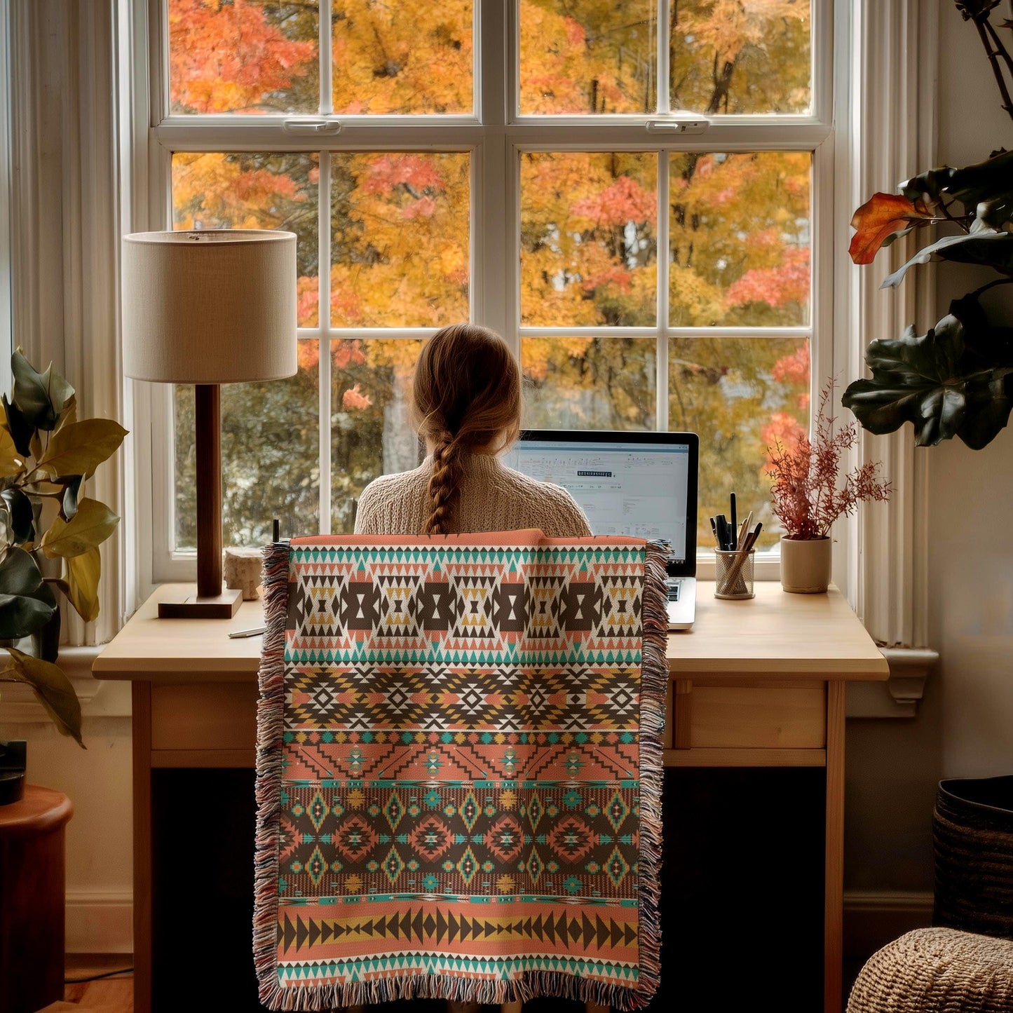 A person is sitting at a desk, working on a laptop, with a colorful patterned blanket draped over the back of the chair. The desk is positioned near a window, offering a view of trees with autumn foliage outside.