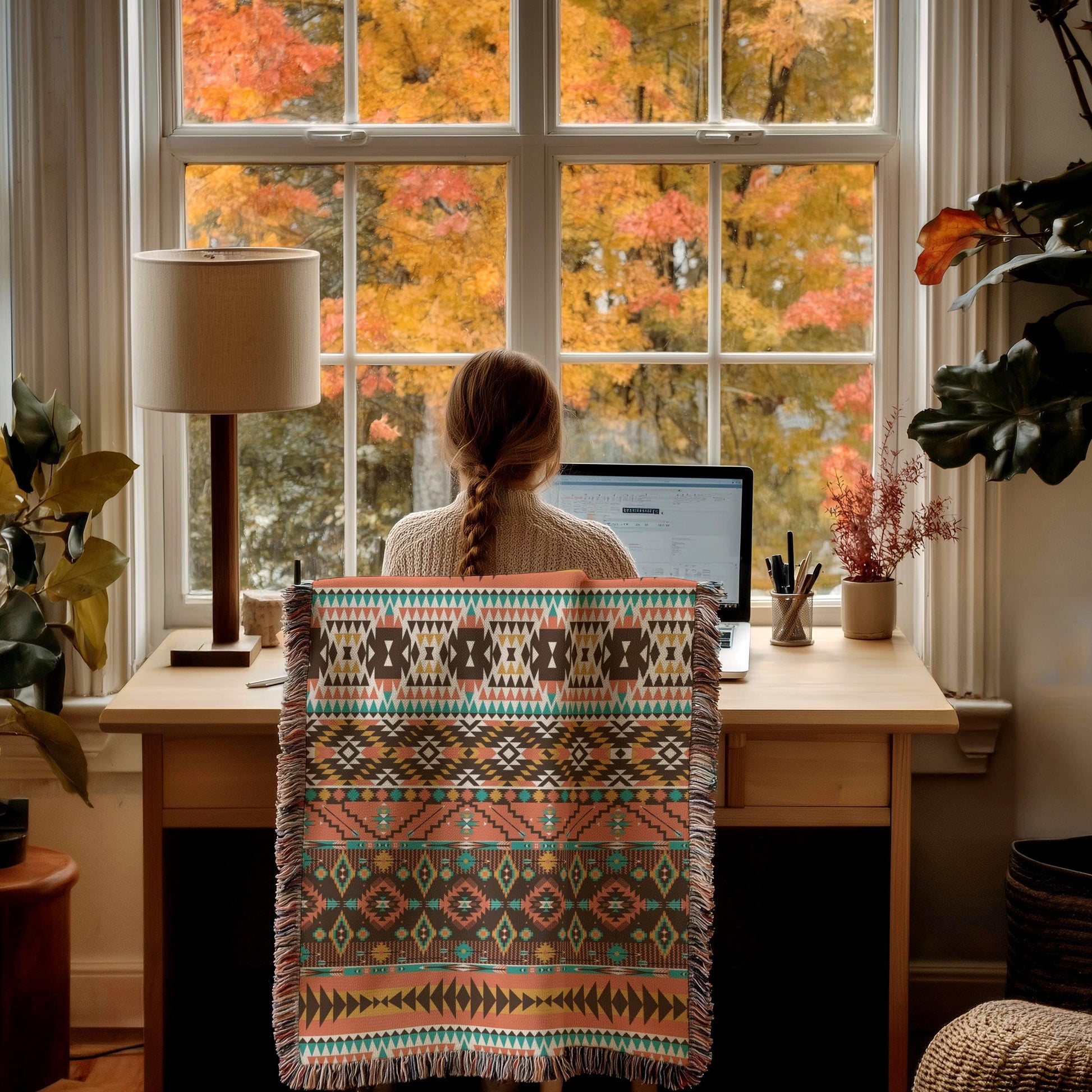 A person is sitting at a desk, working on a laptop, with a colorful patterned blanket draped over the back of the chair. The desk is positioned near a window, offering a view of trees with autumn foliage outside.