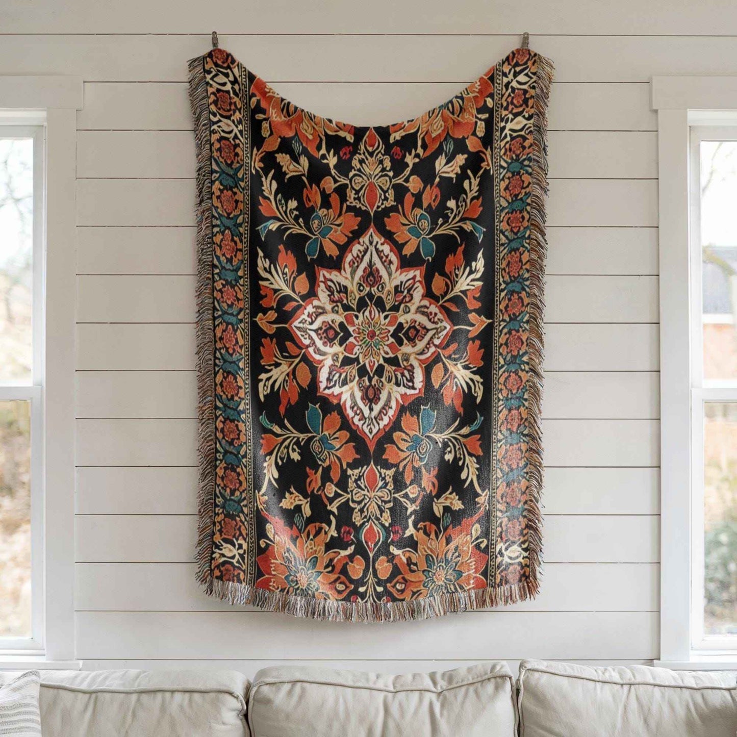 Anatolian Inspired woven wall tapestry with rug-style pattern styled as textile wall decor