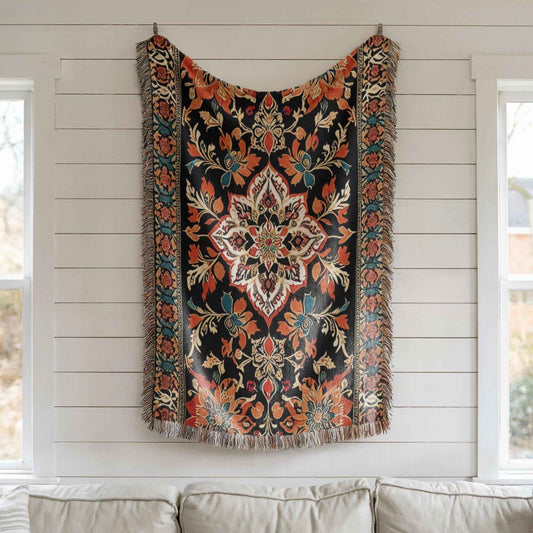 Anatolian Inspired woven wall tapestry with rug-style pattern styled as textile wall decor