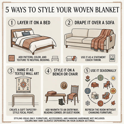 Card with five styling ideas for a woven textile, including hanging it as wall art