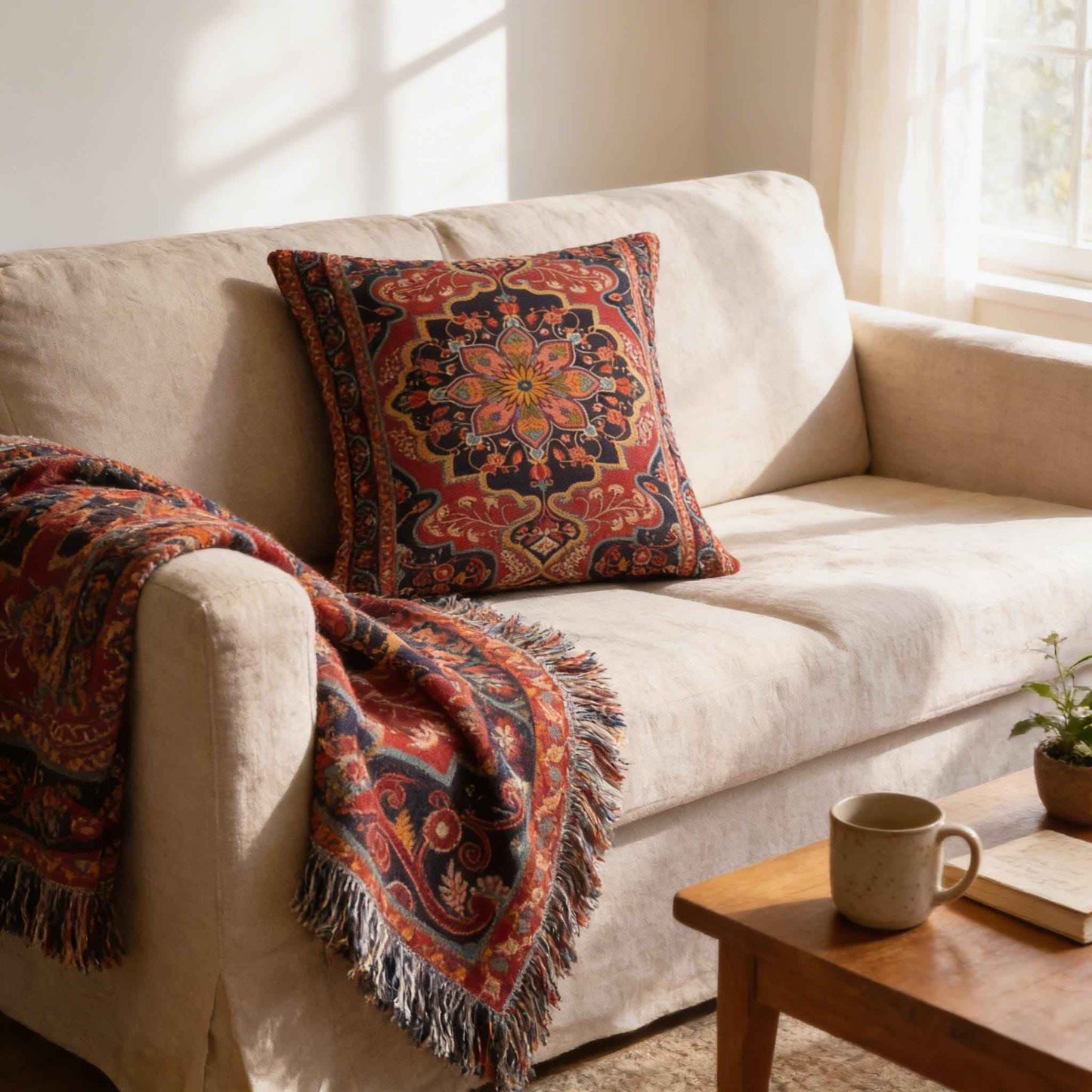 Anatolian Inspired throw pillow with rug-style pattern styled on a sofa or bed
