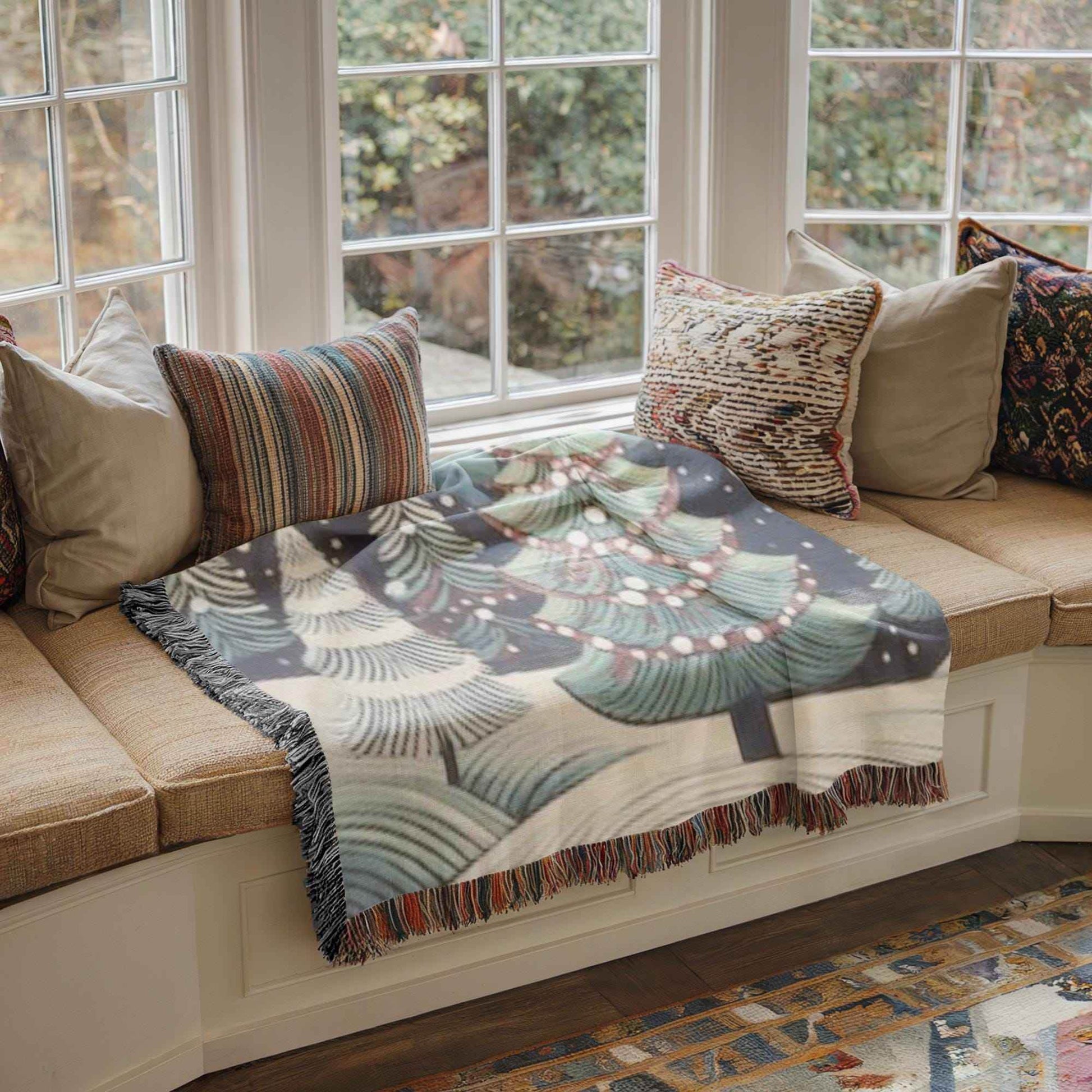 Forest Themed Woven Blanket – Cozy Winter Cotton Throw With Christmas Trees - timelessbohochic.com