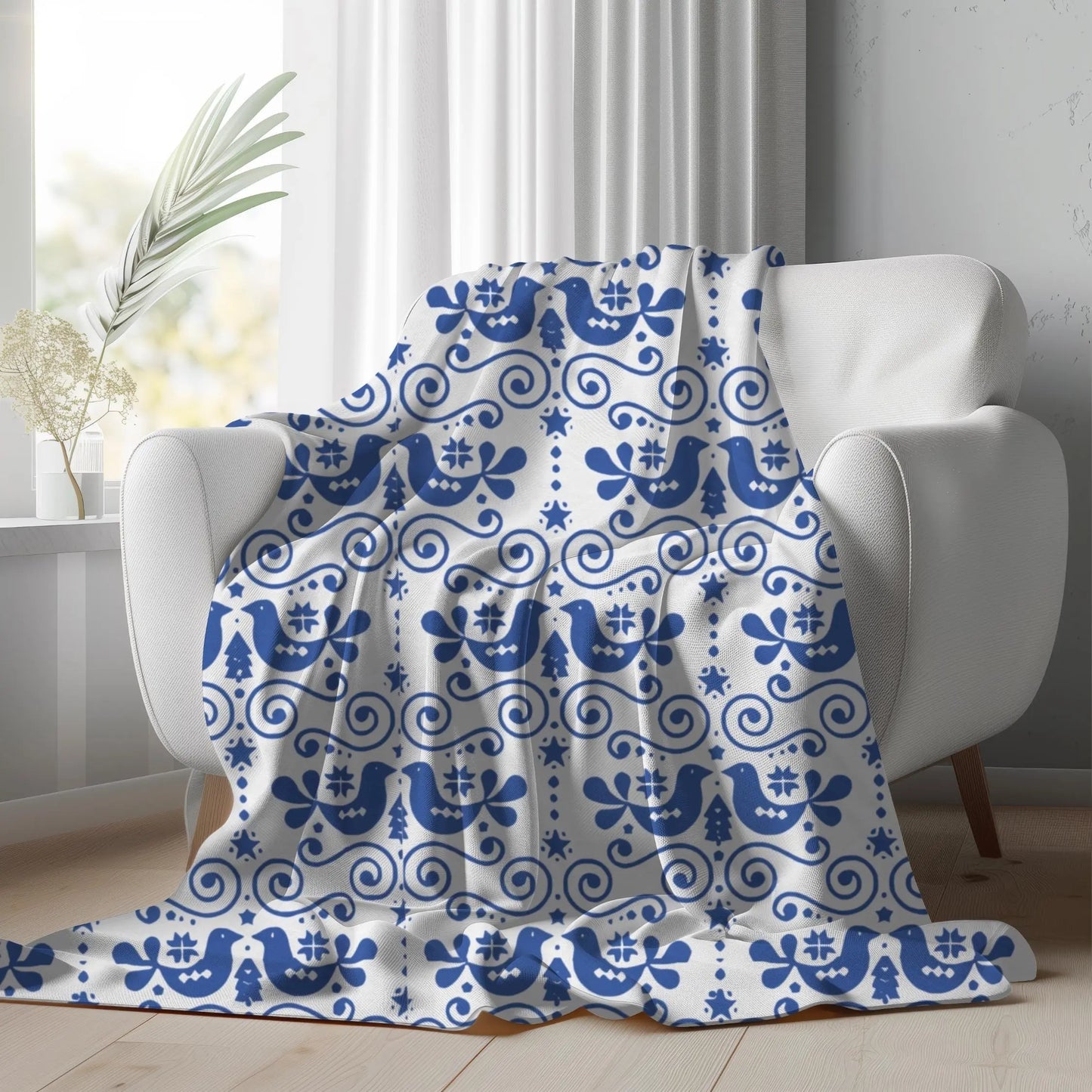 Velveteen Plush Blanket – Scandinavian Blue Bird Throw | Cozy Nordic Decor Gift