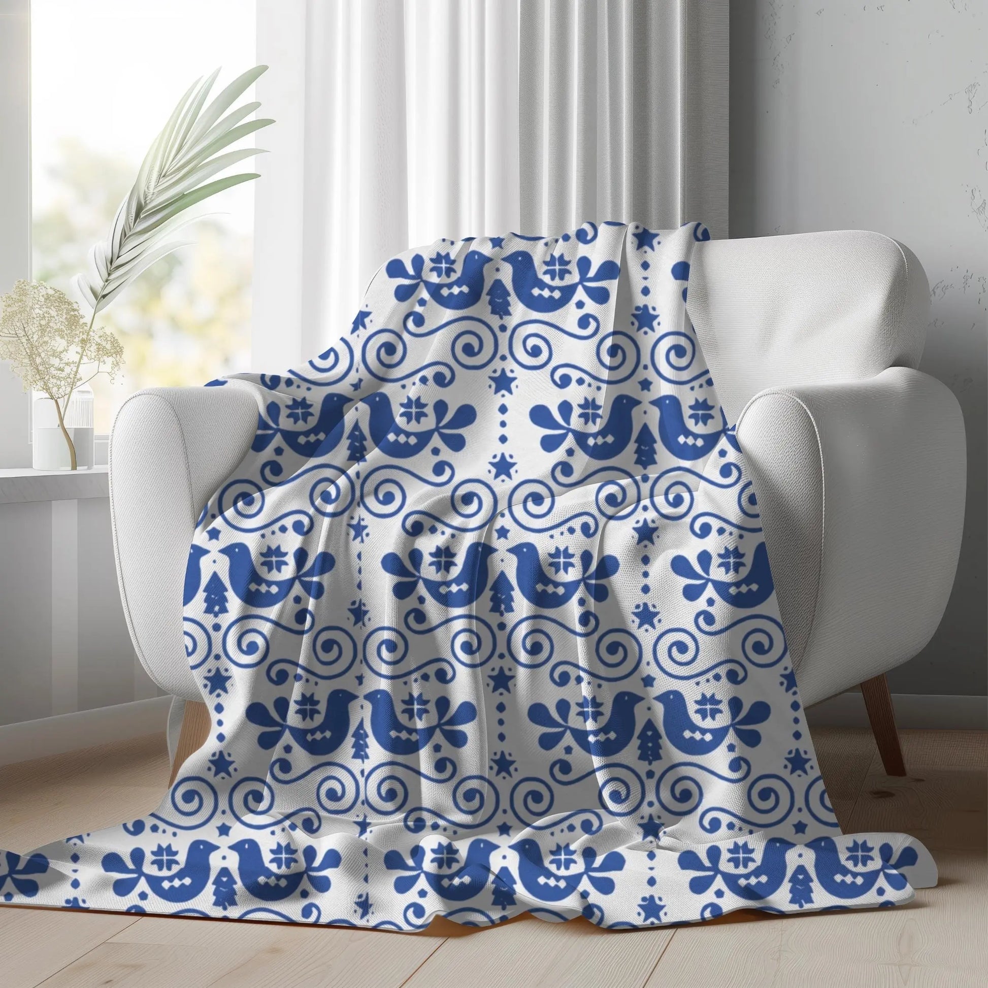 Velveteen Plush Blanket – Scandinavian Blue Bird Throw | Cozy Nordic Decor Gift