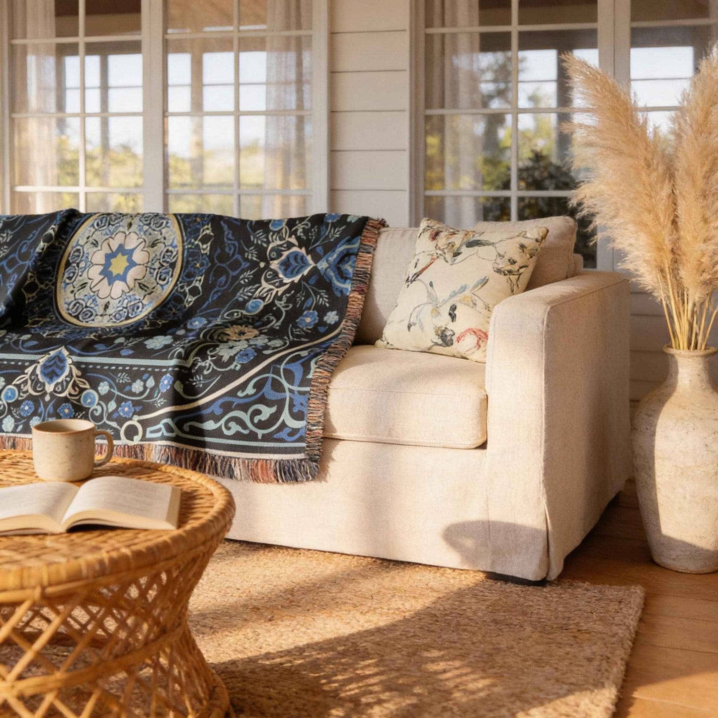 Anatolian Inspired woven blanket with rug-style pattern styled for layered home decor