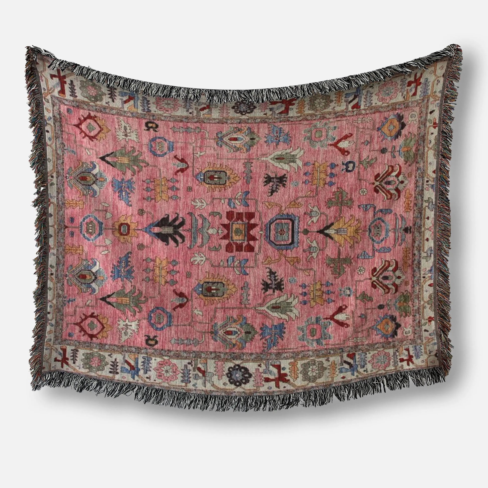 Pink Throw Blanket - Boho Wall Art Woven Turkish Rug Decor with Colorful Fringe