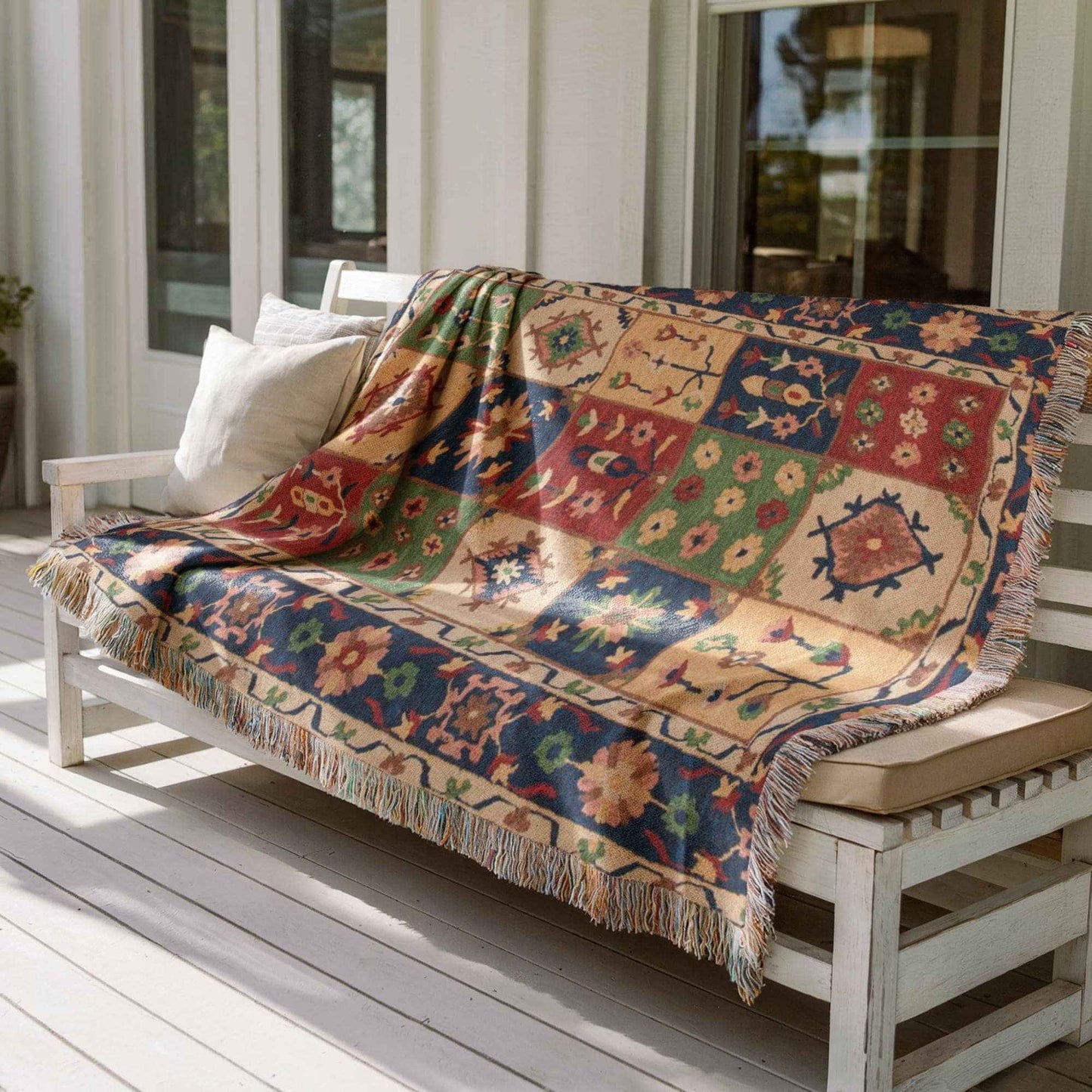 Anatolian Inspired outdoor woven throw blanket with floral pattern for patio styling