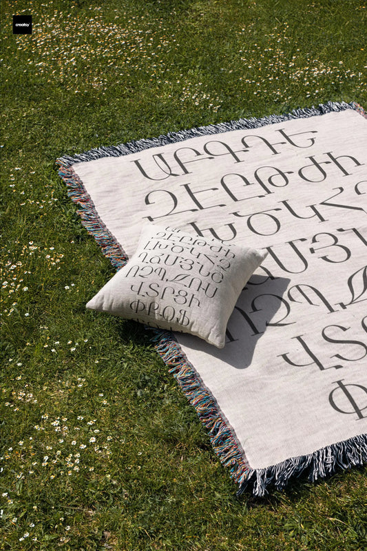 Armenian Cotton Blanket Set – Woven Throw Pillow With Hayeren Alphabet Coverlet
