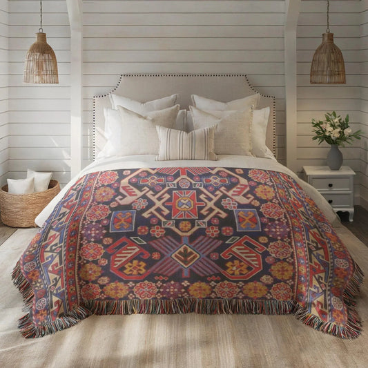 Cotton Throw Blanket – Boho Turkish Rug Patterned Woven Textile with Fringed Edges