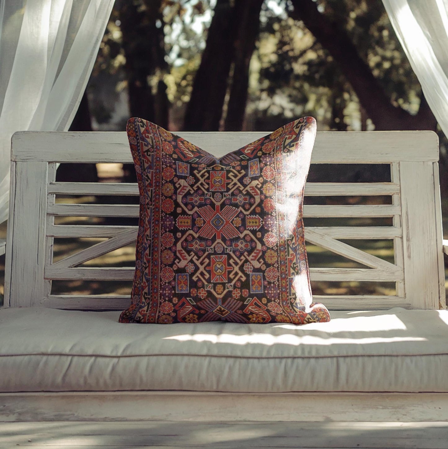 Anatolian Inspired throw pillow with rug-style pattern styled on a sofa or bed