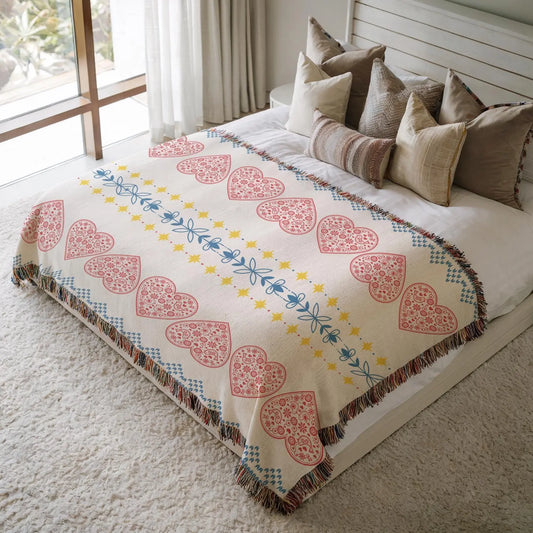 Cotton Woven Blanket – Swedish Scandi Heart Throw with Nordic Star Design