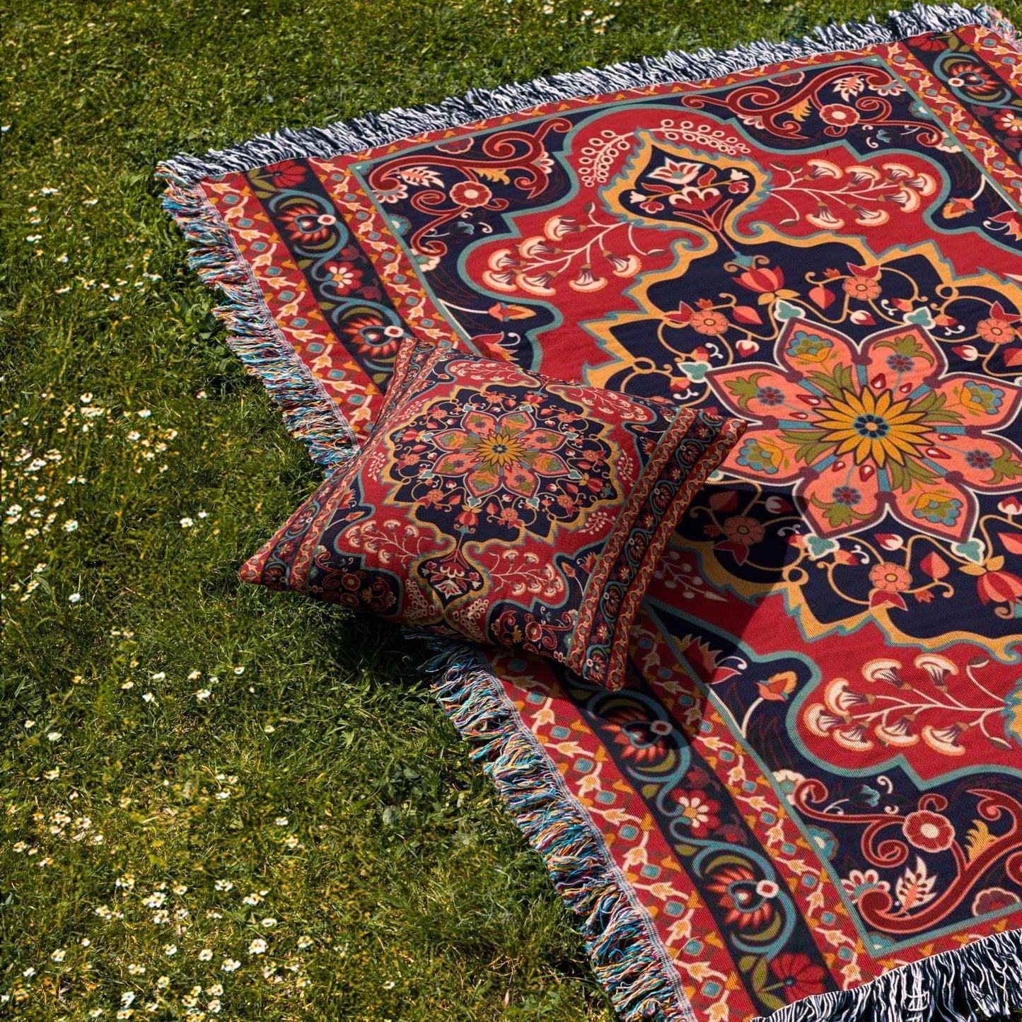 Anatolian Inspired throw pillow with rug-style pattern styled on a sofa or bed