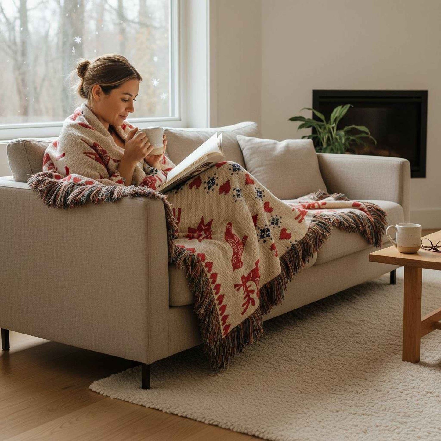 Scandinavian Inspired woven blanket with rug-style pattern styled for layered home decor