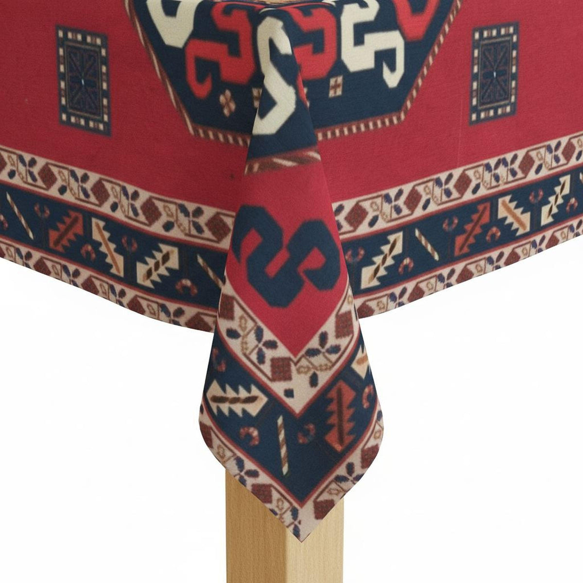 Armenian letters square tablecloth in navy and red hanging over a wooden rail