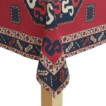 Armenian letters square tablecloth in navy and red hanging over a wooden rail
