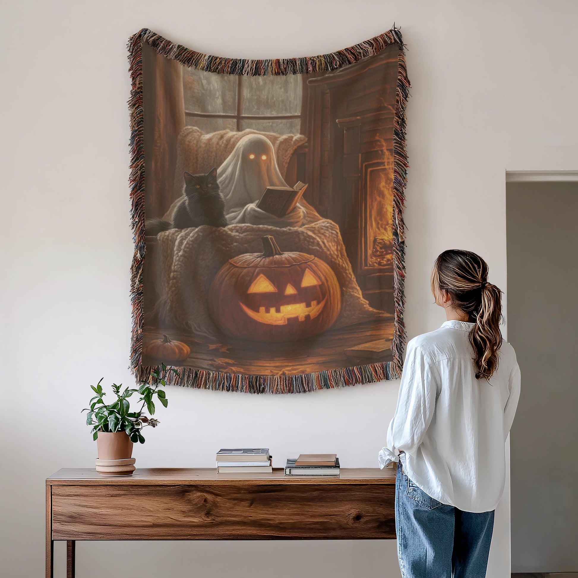 Halloween Wall Decor - Cozy Ghost Wall Hanging With Black Cat Pumpkin Art