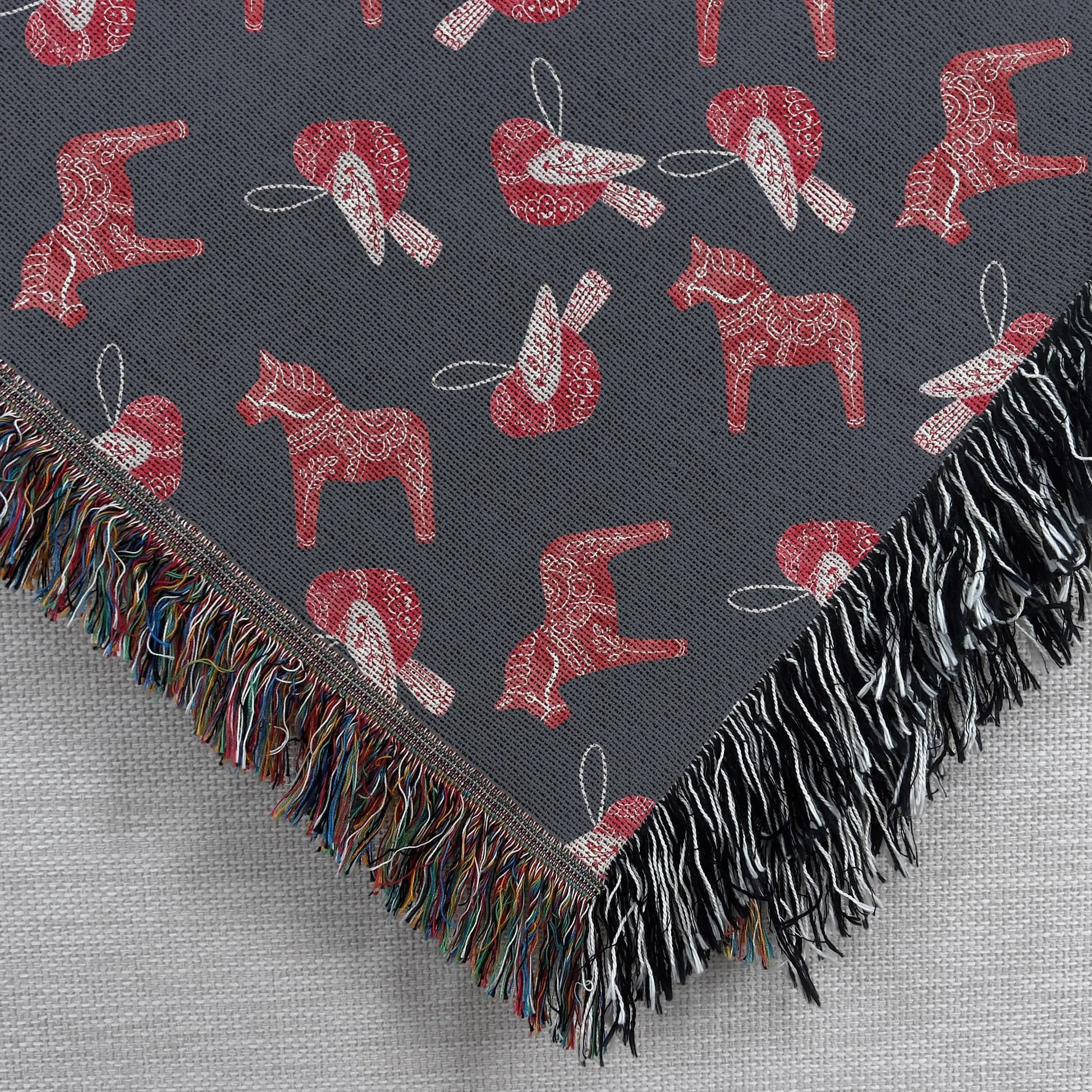 Scandi Cotton Blanket - Cozy Scandinavian Throw with Dala Horse & Bird Pattern, Fringe Edge