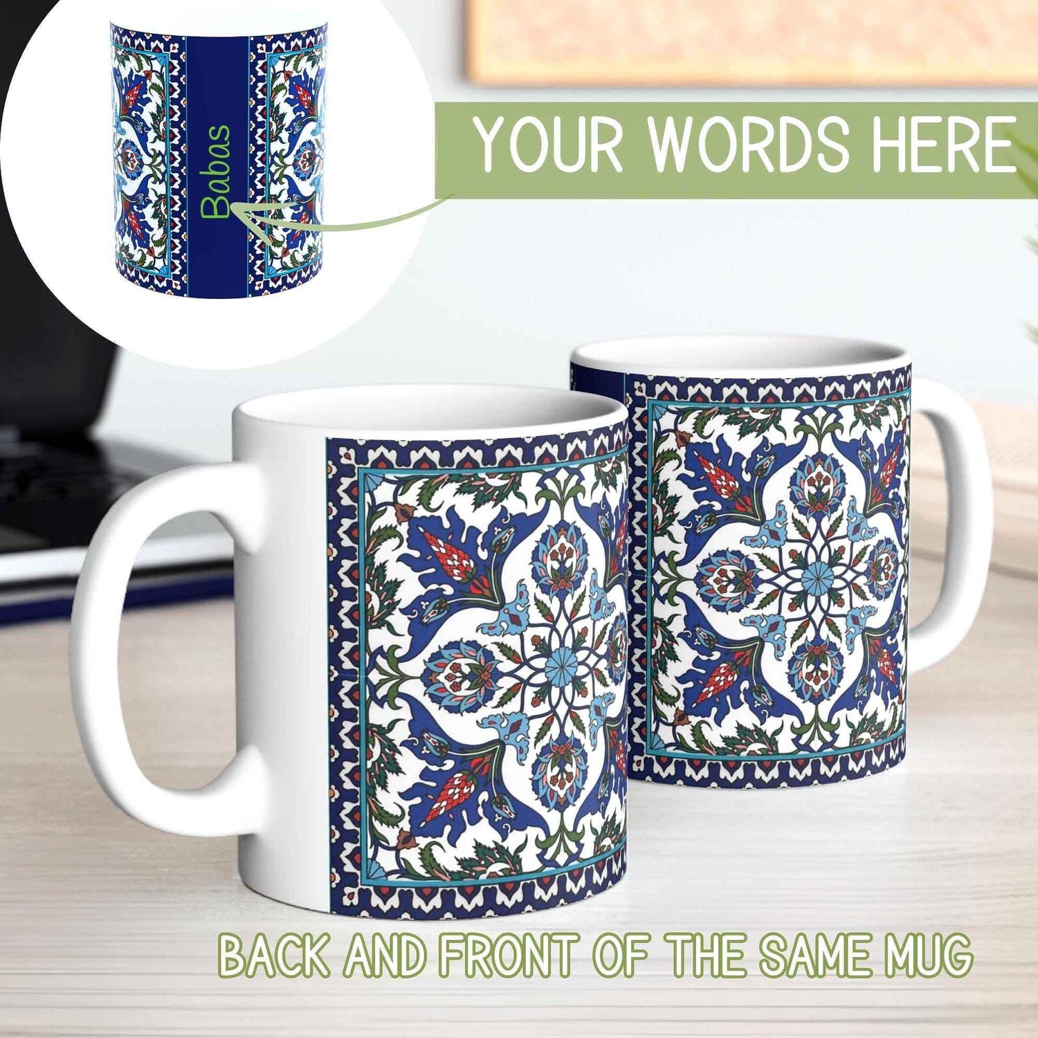 Armenian Blue Coffee Mug – Handmade Ceramic Tile Design, Personalized Name Gift - timelessbohochic.com
