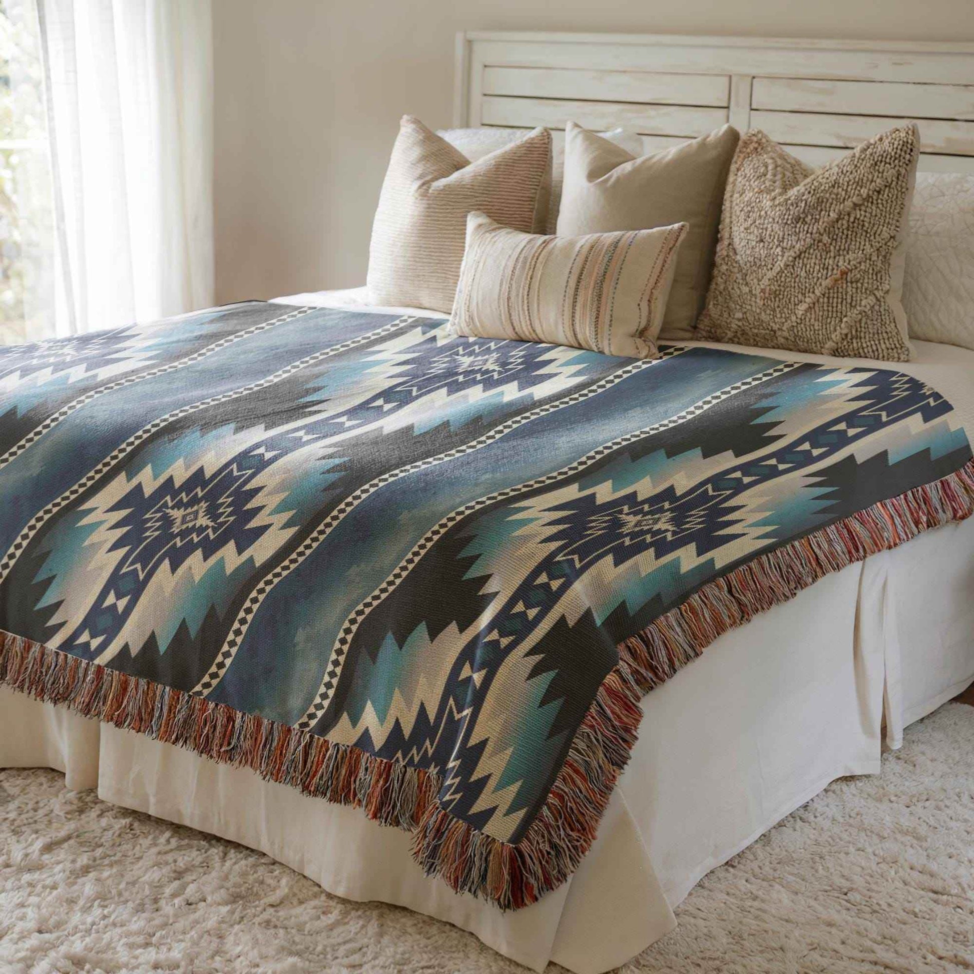 Southwestern Navajo Blanket - Woven Cotton Throw with Rustic Geometric Design - timelessbohochic.com