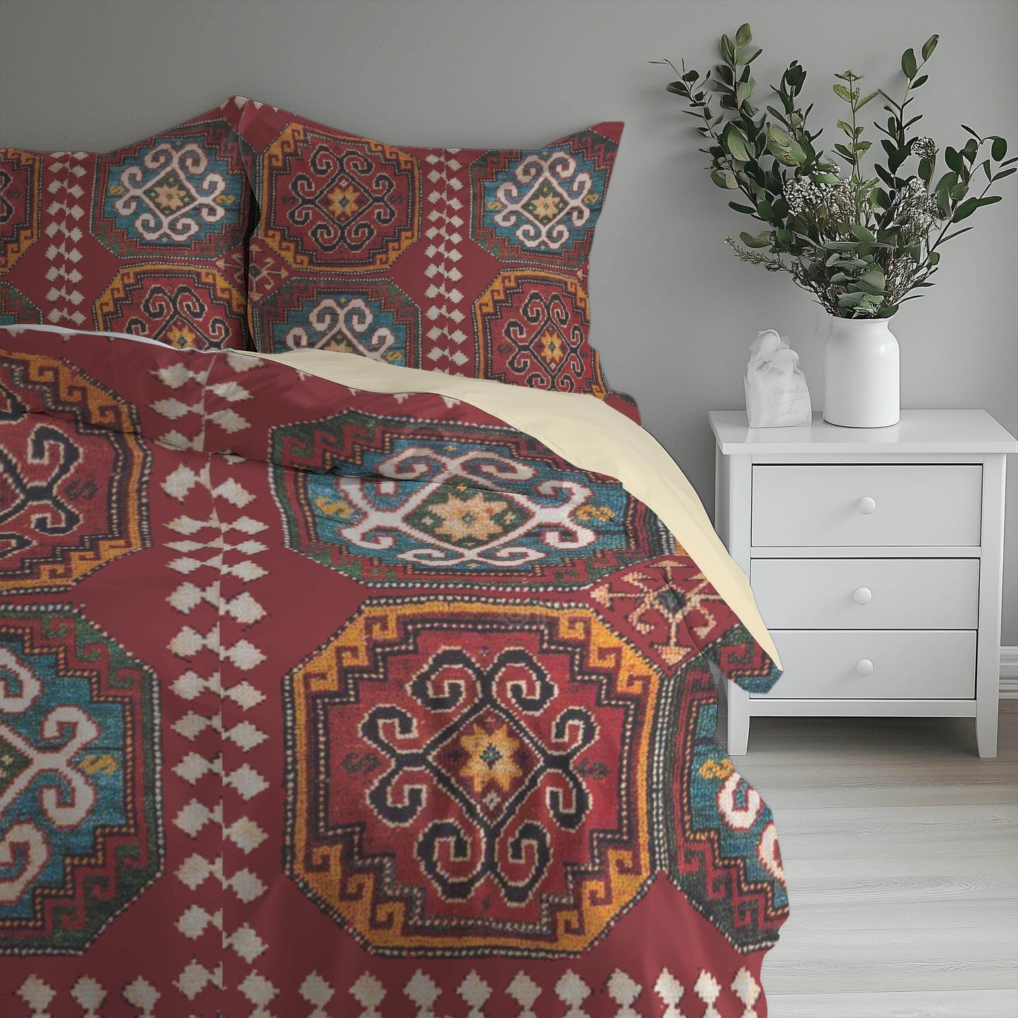 Caucasian Rug Duvet - Armenian Pattern Bedding Set | Soft Breathable 3 Piece Cover - timelessbohochic.com