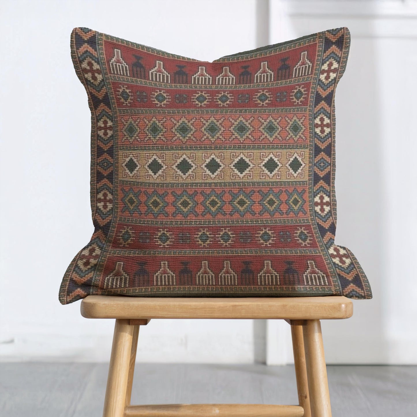 Anatolian Inspired pillow cover with rug-style pattern styled on a sofa or bed