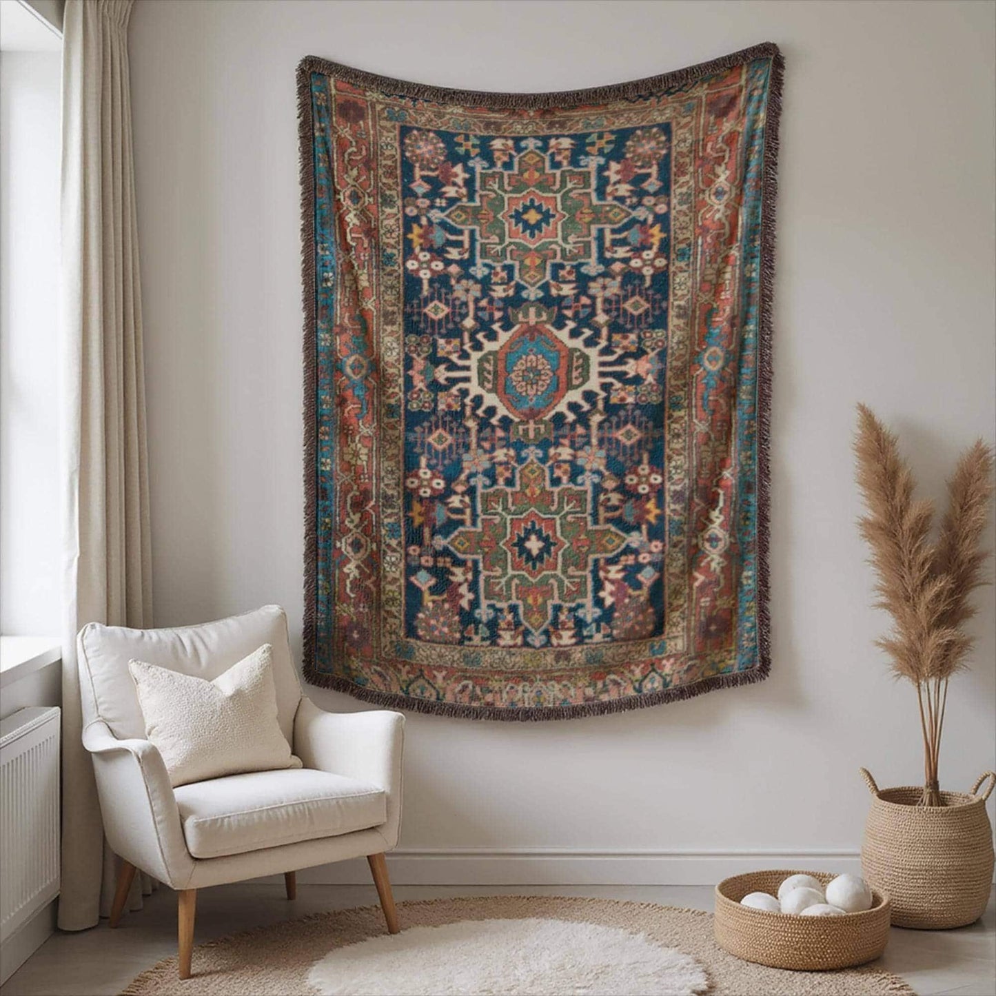 Anatolian Inspired woven wall tapestry with rug-style pattern styled as textile wall decor